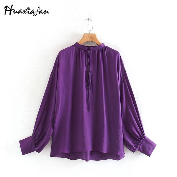 

huaxiafan women blouse solid color lace up casual lady long sleeve pullover loose shirts female office wear autumn fashion, White