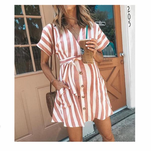 

women striped maternity dress casual v neck clothes lace up button bodycon party dress short sleeve women dresses plus size, White