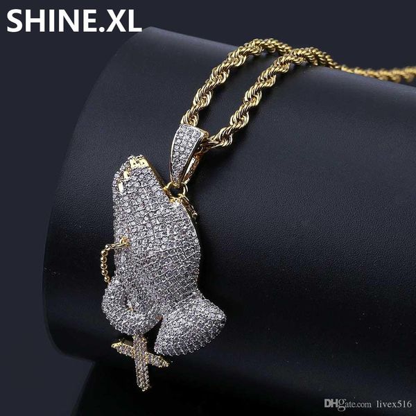 

hip hop retro cross praying hand pendant necklace iced out cubic zircon gold chain for men gift idear, Silver