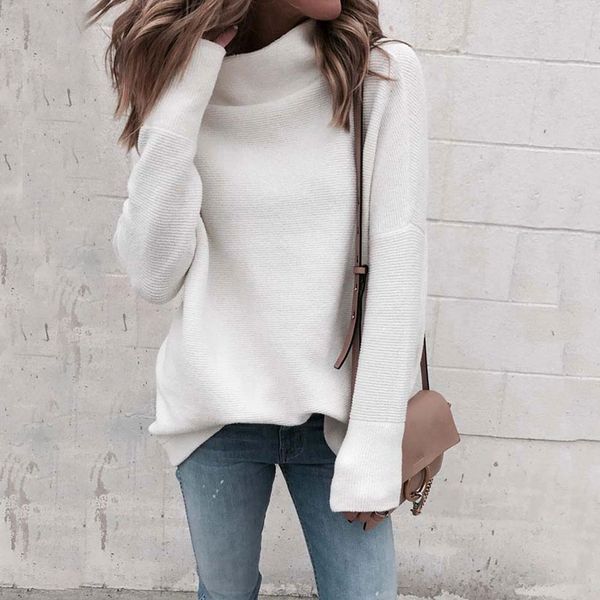 

2019 осень водолазка свитер дамы высокий шею свитер женщин с длинным рукавом трикотажные зимние свободные теплые свитера женские, White;black