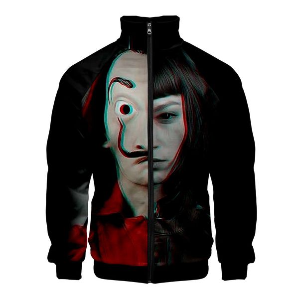 

winter mens jacket and coats money heist la casa de papel dali 3d print stand collar slim zipper jackets male jaqueta masculina, Black;brown