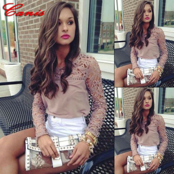

women blouses women casual summer lace hollow out chiffon shirt solid khaki floral blouse for womens clothes, White