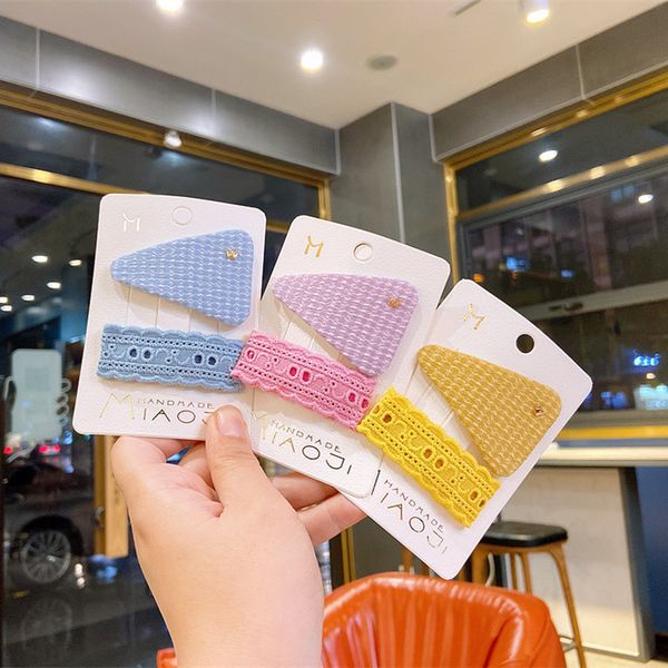 

1 pair new korean simple colorful lace triangle plaid fabric bb clip for sweet girl princess fashion hairpins hair accessories, Slivery;white