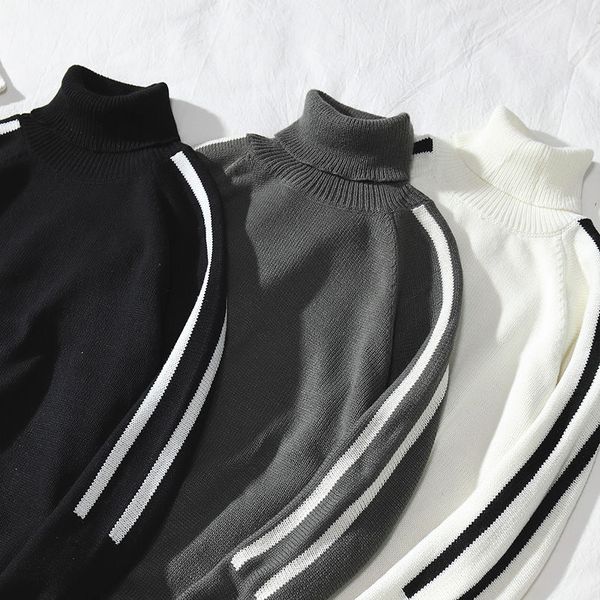 

2020 high-necked sweater men's trend personality handsome student loose knit sweater jacket plus thick wool coat, White;black