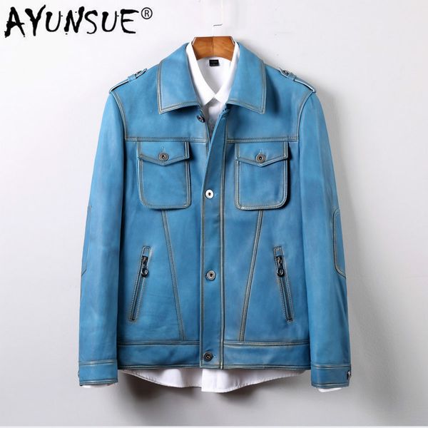 

ayunsue men's leather jacket genuine leather 100% sheepskin coat men blue korean slim fit blazer jackets 71503 kj2727, Black