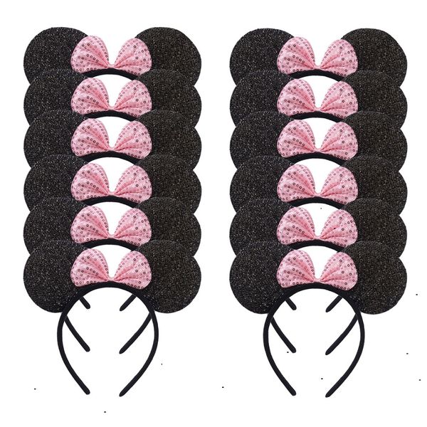

12pcs hair accessorie pink sequin bow mouse ears headband for birthday party halloween costume ornament (12 black sequin pink
