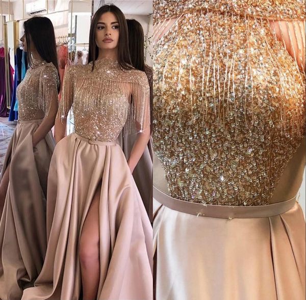 

Gold Beads Elegant Evening Formal Dresses 2019 Tassels Plus Size Evening Dress High Split Evening Gowns robe de soiree Abendkleider
