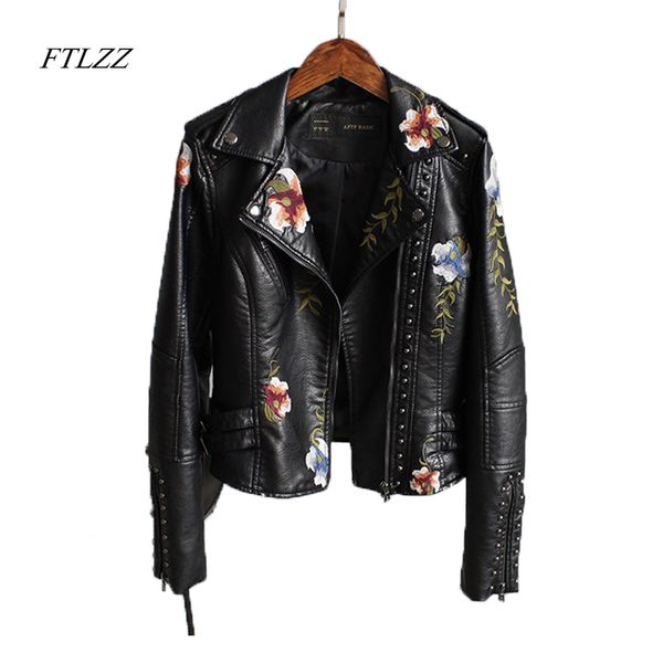

ftlzz women floral print embroidery faux soft leather jacket coat turn-down collar casual pu motorcycle black punk outerwear
