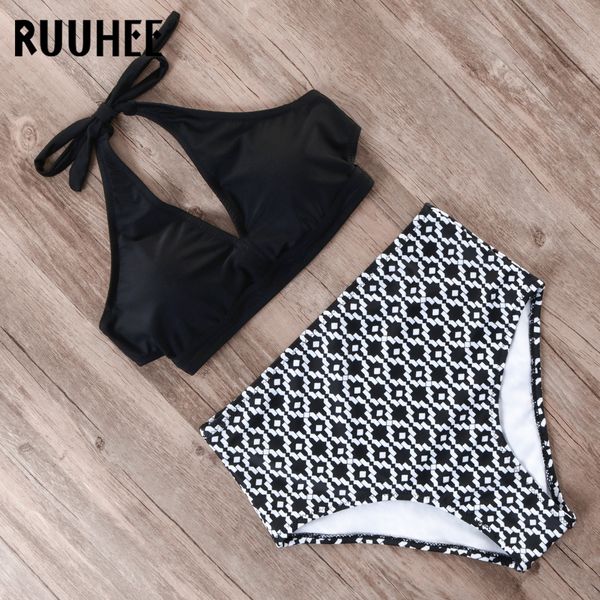 

ruuhee bikini 2019 swimwear women swimsuit high waist bikini set push up print halter bathing suit women summer female beachwear