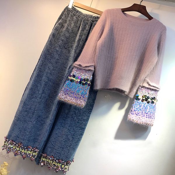 

two piece sets sequins pearls knitted sweater +wide leg pants women autumn winter pullover cashmere blend trouser suits lyl340, White