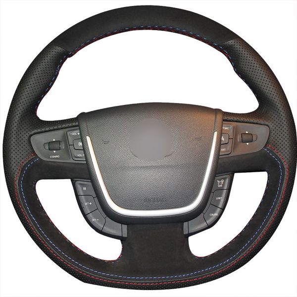 

hand-stitch black leather black suede car steering wheel cover for peugeot 508