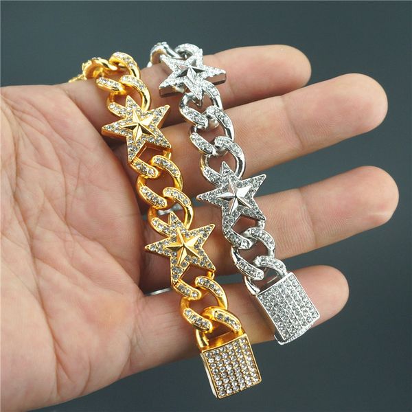 

wholesale-men's bracelet hip hop five-pointed star miami cuban link golden silver wide full rhinestone bracelet