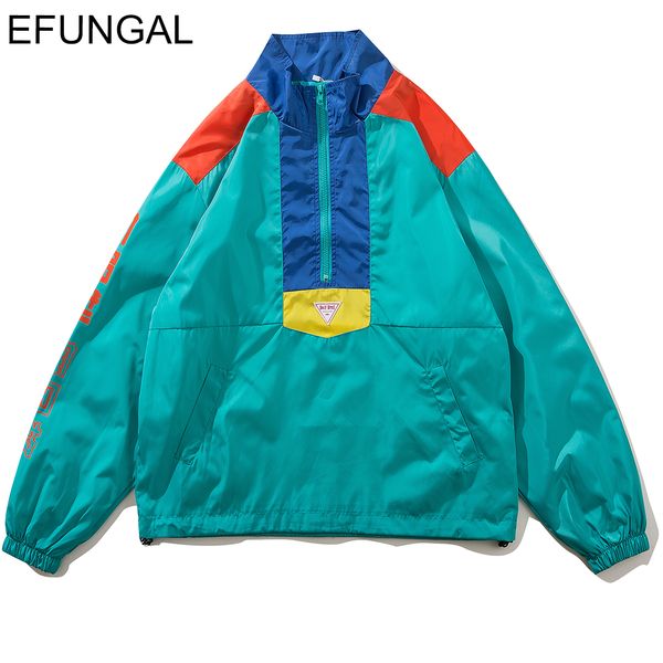 

efungal color patchwork casual windbreker jackets men women letter print hip hop trench coat half zipper pullover gothic jacket, Tan;black