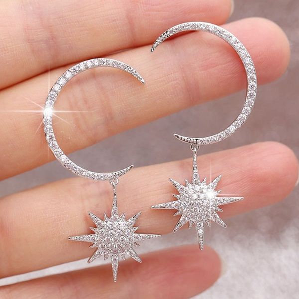 

fashion korean shiny crescent moon star crystal earrings ladies silver gold color drop earrings aretes de mujer modernos 2020