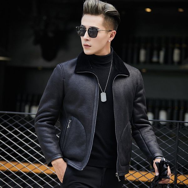 

chaqueta cuero hombre motorcycle biker winter warm fur lining jacket genuine leather coat slim fit office casual bomber jacket, Black