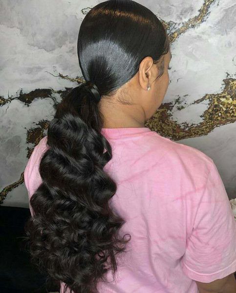 

water wavy brazilian drawstring ponytail human hair extension wrap around clip in pony tail 140g remy virgin hairpieces natural color, Black