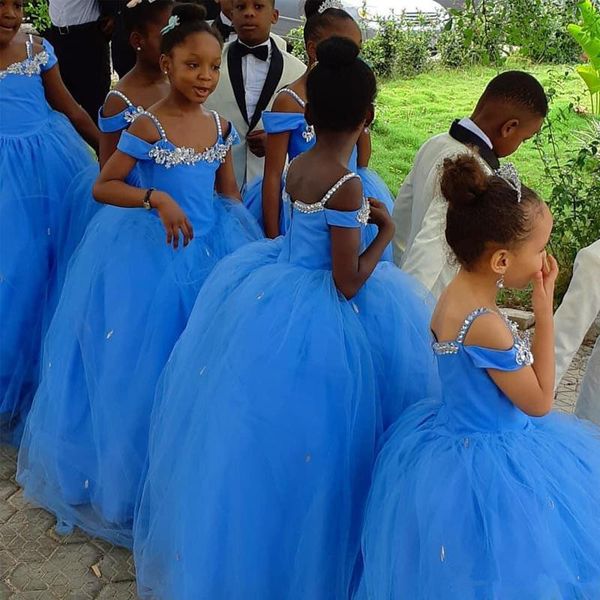 

blue spaghetti strap flower girls dresses lace appliques rhinestone sequined kids pageant dress puffy skirt child birthday gowns, Red;yellow