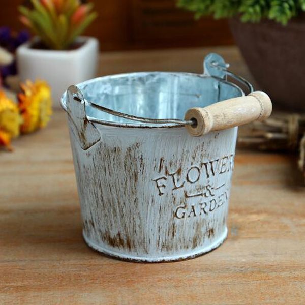 

2x iron buckets shabby chic wood handle flower pots jug for garden bathroom