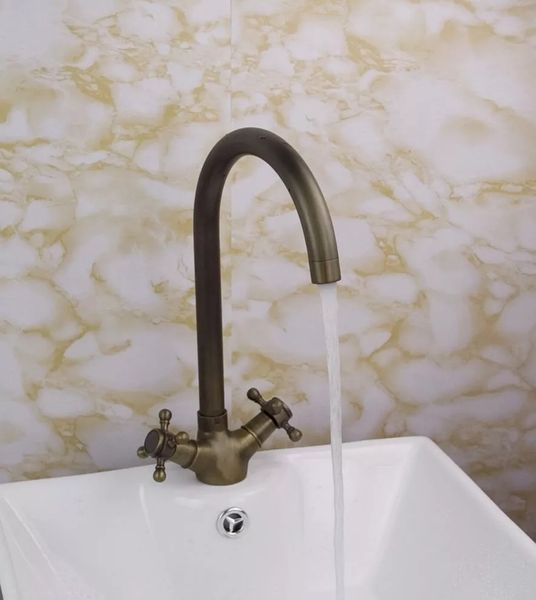 

monite 360 swivel antique brass double handles wash basin faucet rotated bathroom tap sink mixer faucet