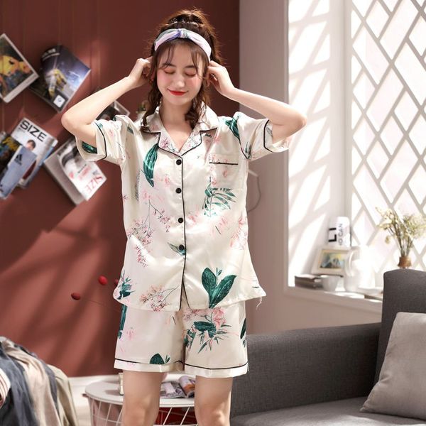 

summer silk cardigan pajamas set for women elegant home clothes cute print short pant sleepwear set girls two piece pajamas, Blue;gray