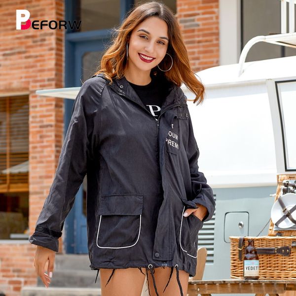 

beforw 2019 fall casual letter print bomber basic jacket women pocket zipper hooded drawstring jackets female streetwear coats, Black;brown