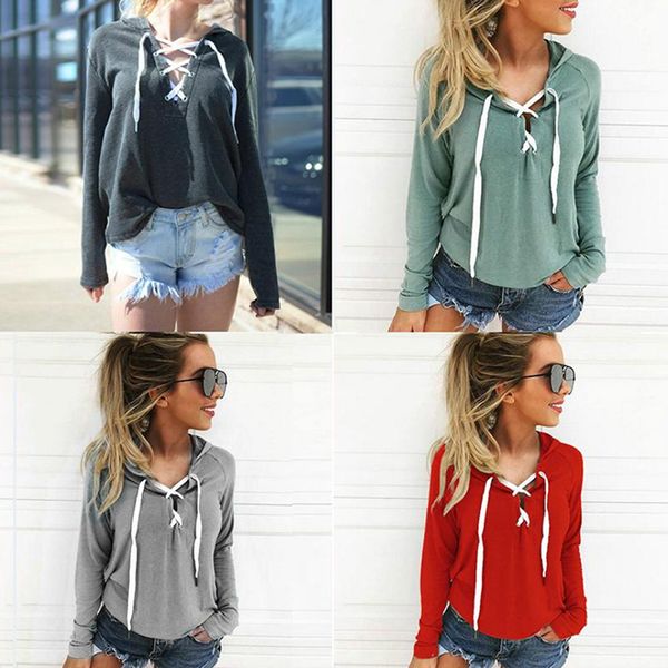 

2020 spring new long-sleeve v-neck tether open chest solid color pullover woman hoodies and sweatshirt, Black