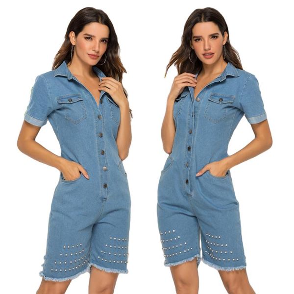 

women's jumpsuits & rompers fashion women overall denim short sleeve casual jumpsuit summer jeans shorts romper ripped buttons playsuit, Black;white