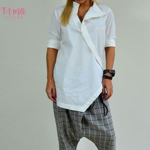 

plus size basic casual loose linen blouse women tunic shirts irregular hem buttons long blusas mujer plus size, White