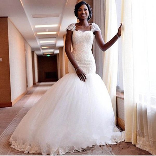 

simple white africa mermaid wedding dresses square neck lace appliques puffy bottom wedding gowns plus size country bridal dress