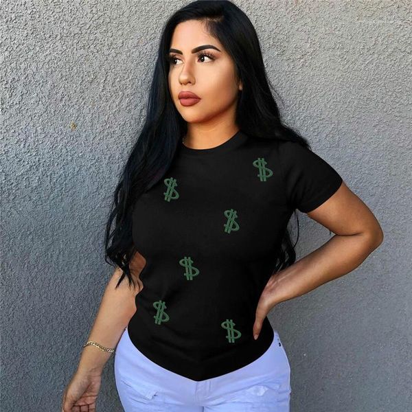 

tshirt dollars pattern embroidery tshirts crew neck short sleeve fashion casual women clothing womens summer designer, White