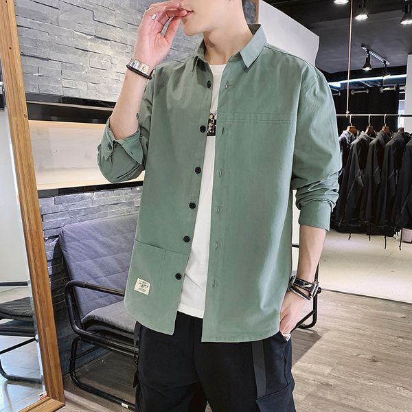 

selling product in 2020 long sleeved male cotton loose camisas para hombre youth fashion tooling lapel shirts for men, White;black