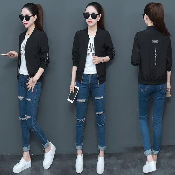 

casual thin coat women's 2019 short paragraph autumn letter stickers round neck edge baseball uniform wild jacket loose blouse, Black;brown