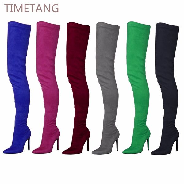 

71cm long lady boots suede elastic boots high heel thigh high women's pointed toe zipper over the knee 35-44, Black
