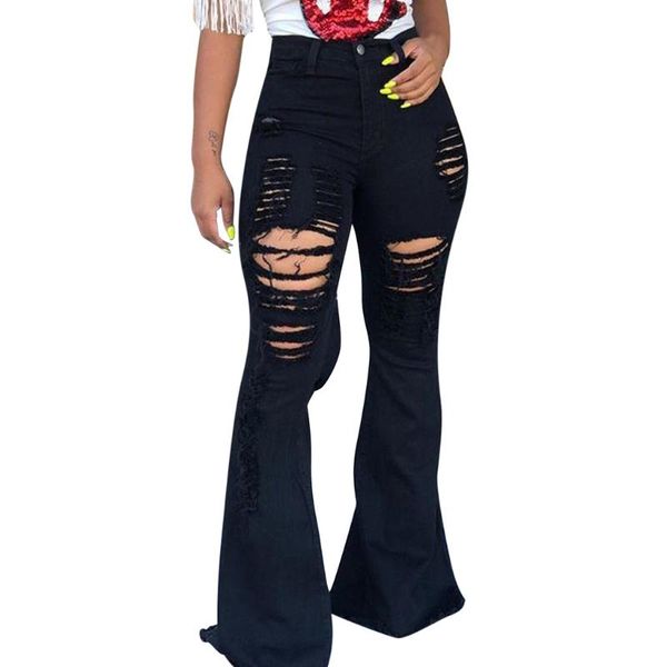 

2020 streetwear jeans fashion women button ripped zipper flares trousers jeans hole slim casual denim pants yl5, Blue