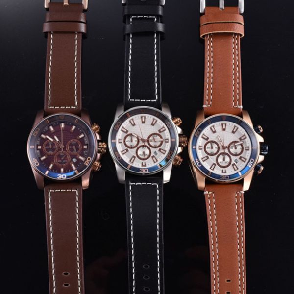 

42mm men's watch leather brand fashion casual military quartz sports watch all functions work designer am111 watch, Slivery;brown