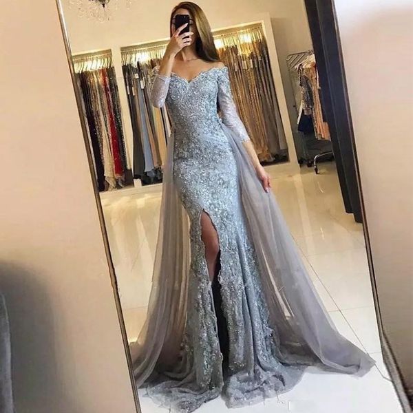 

fashion gray mermaid evening dress high slit 3/4 long sleeves prom dresses with tulle train abendkleider robe de soiree, Black;red