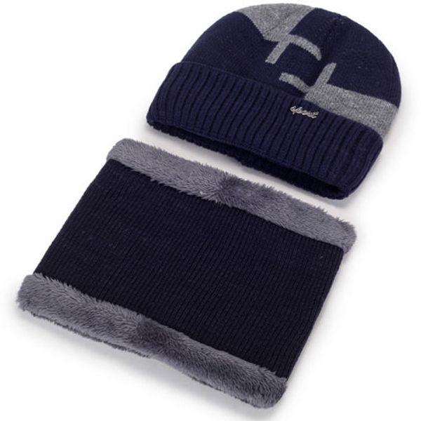 

men knitted hedging hat solid beanie plus velvet thicken solid scarf winter warm, Blue;gray