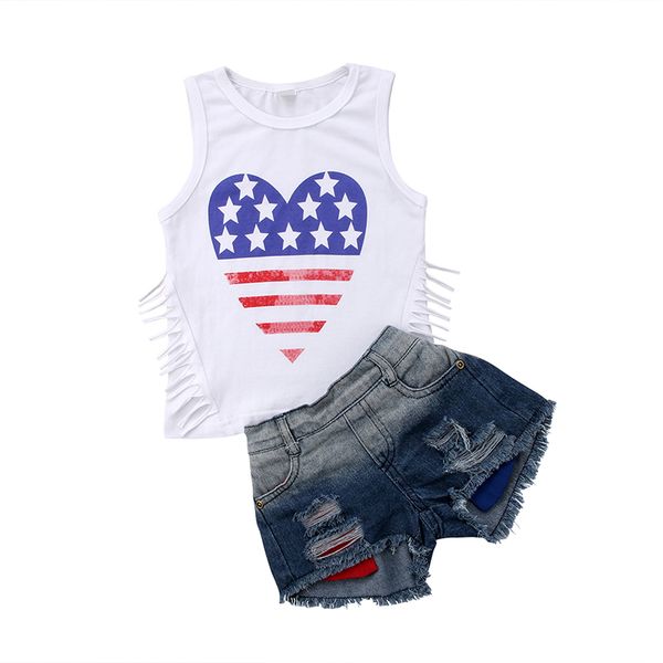 

fashion new toddler kids girl clothing set star striped tassel vest t-shirt +denim shorts ripped jean 2pcs children clothes, White