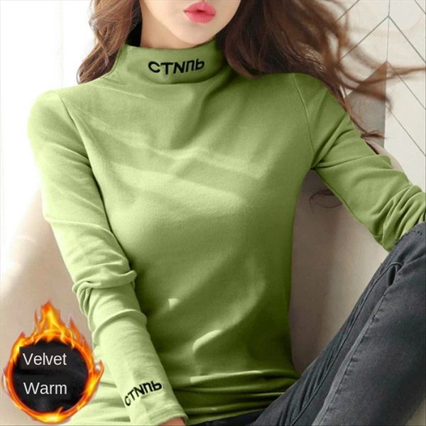 

2019 half-high collar base black long-sleeved t-shirt female slim fit t-shirt embroidery embroidery fashion, White