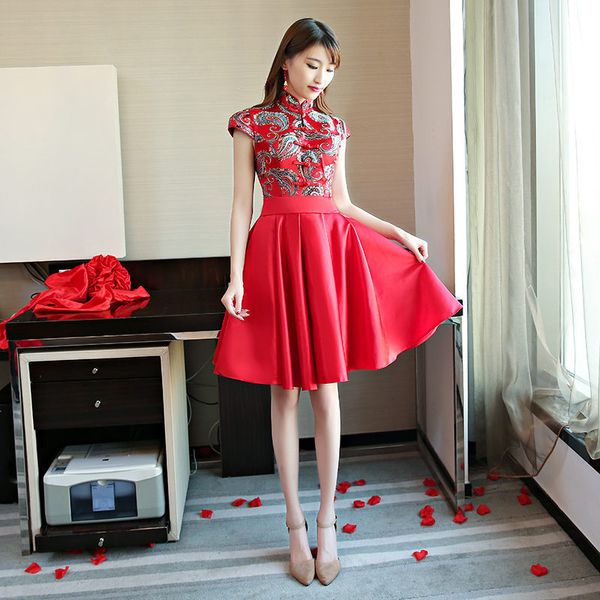 

red traditional chinese bride wedding dress improved women embroidery flower cheongsam vestidos elegant slim qipao s-3xl