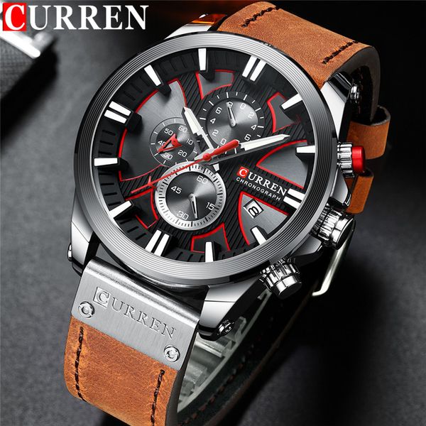 

curren man wristwatch chronograph calendar sport men watch army silver genuine leather male clock 8346, Slivery;brown