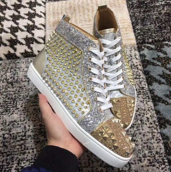 

2019 r men women red bottom party genuine leather glittery bottom studded spikes flats shoes fashion luxury casual shoes, Black