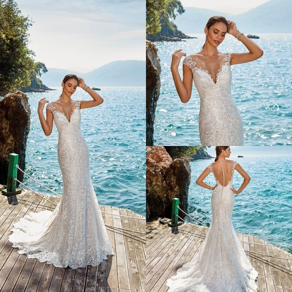 

eddy k 2019 wedding dresses jewel lace appliques capped sleeve beach bridal gowns sweep train mermaid wedding dress vestidos de noiva, White