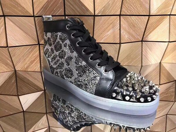 

luxurious designer louisflats strass pik pik spikes red bottom sneakers shoes men dazzling crystal wedding party dress casual shoes, Black