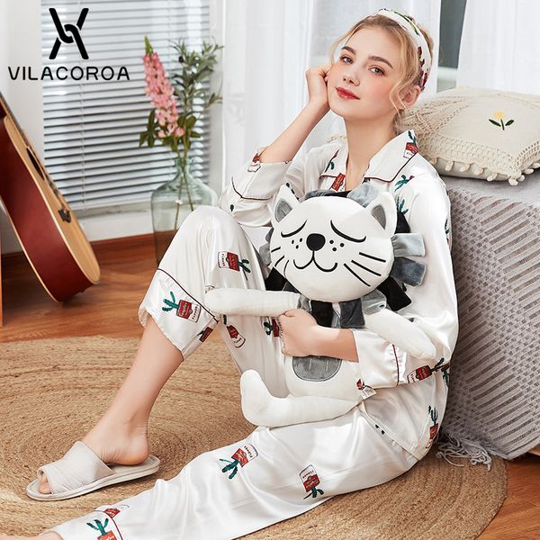 

new simulation silk white lapel print button pocket pajamas for women long sleeve + pant 2 piece set pajama set pyjama femme, Blue;gray