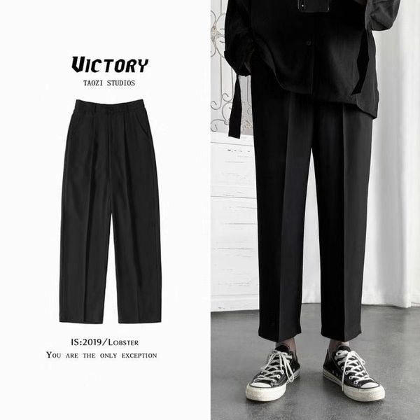 

pendant pants, male loose straight tube wide leg nine minutes pants, casual pants, Black