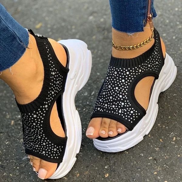 

women sandals female shoes woman summer wedge comfortable sandals crystal bling ladies slip-on flat women sandalias, Black