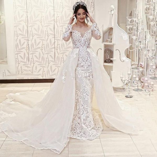 

graceful full lace mermaid wedding dresses with detachable train illusion back long sleeves chapel train designer wedding bridal gowns, White