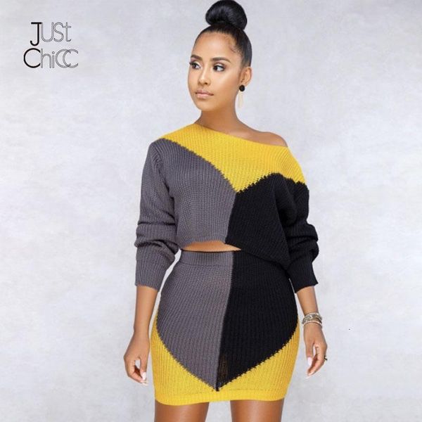 

justchicc sweater knitted 2 piece set women 2019 fashion pink crop and autumn winter two piece set outfits short suit t200325, White