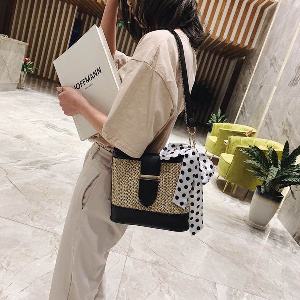 

fashion 2019 casual summer women's retro woven shoulder bag solid color scarf woven bag beach